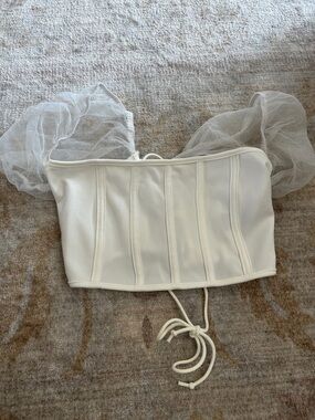 SHEIN White Corset Crop Top with Puff Tulle Sleeves